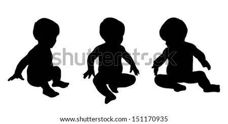 set of three realistic silhouettes of a little baby about 1 year old sitting in different postures
