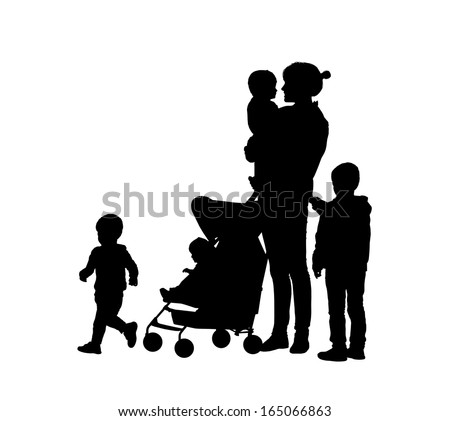 silhouettes of young mother and her four children of different age outdoor