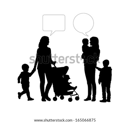 black silhouettes of two young mothers of two children each one talking together, vacant text bubbles above them
