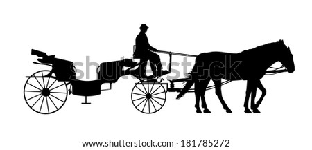black silhouette of an old style wooden carriage with two horses in harness and a coachman jogging, profile view