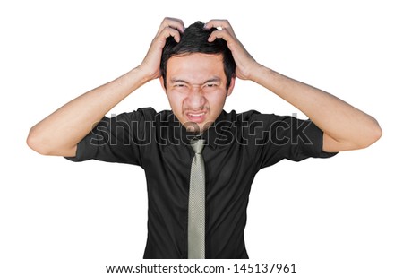 Worried businessman a headache on white background