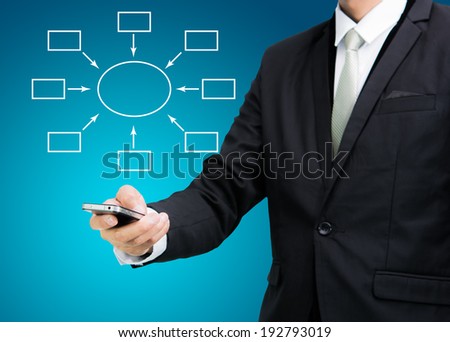 Businessman standing posture hand hold mobile phone isolated on blue background