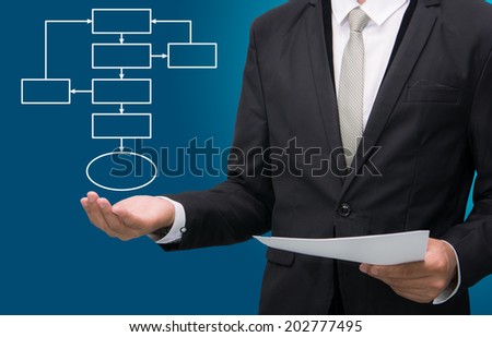 Businessman standing posture hand holding strategy flowchart isolated on over blue background
