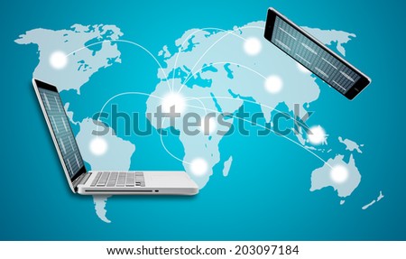 Technology computer laptop and tablet with social network structure on blue background