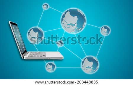 Technology computer laptop and networking concept with map on blue background