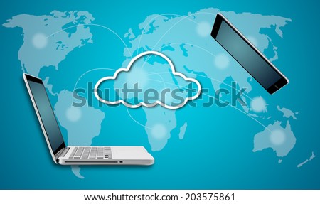Computer laptop and tablet with cloud network concept on blue background