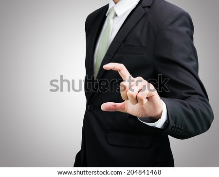 Businessman standing posture show hand isolated on over gray background