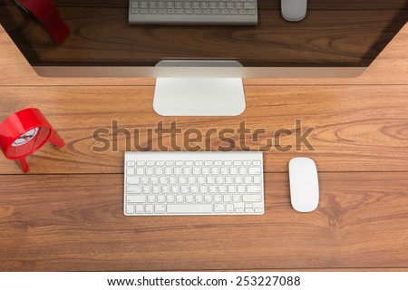 Business office top view computer monitor on wooden table