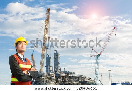 Businessmen engineering standing handsome smile in front of builders at construction site looking away
