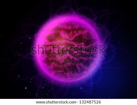 Violet planet in cold space with energy storm