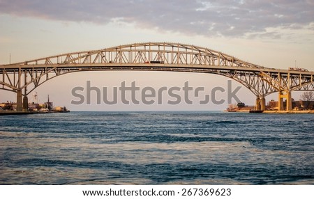 The twin spans of the Blue Water Bridges crossing between Sarnia, Ontario and Port Huron, Michigan. This is the second busiest crossing US and Canada with the first being the Windsor Tunnel.