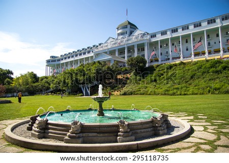 Mackinaw Island, Michigan. USA. July 6, 2015. The beautiful Grand Hotel located on Mackinaw Island opened in 1887. At 660 feet long the hotel boasts of having the largest front porch in the world.