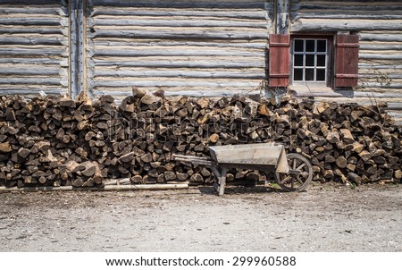Ready For Winter. Vintage wooden wheelbarrow and wood lined up on the exterior of a log cabin. (This was taken at a state park and is not private property. It is located on public lands.)