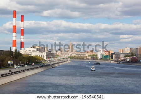 MOSCOW, RUSSIA - APRIL 30,2012: View of the river and hotel Ukraine.Ukraine hotel -one of seven buildings known as \