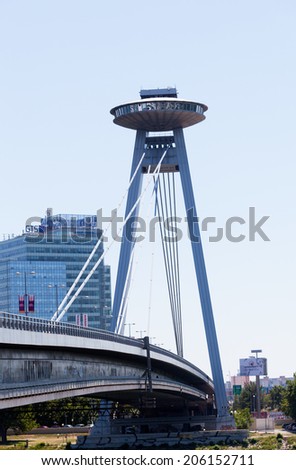 BRATISLAVA, SLOVAKIA - JULY 22,2013 :New bridge, Bratislava. It is the only bridge, not having any support in line with the Danube River and considered as the biggest in the city