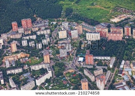 View from the plane on the residential quarter of New Moscow, Russia