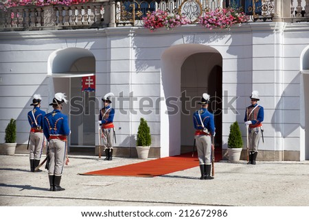 BRATISLAVA, SLOVAKIA - JULY 23, 2013: Change of a guard of honor at the Presidential palace in Bratislava. Bratislava is the most populous (462,000) and most visited city in Slovakia