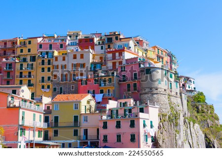 Multi-colored houses in Manarol\'s fishing small village. Laguria, Italy