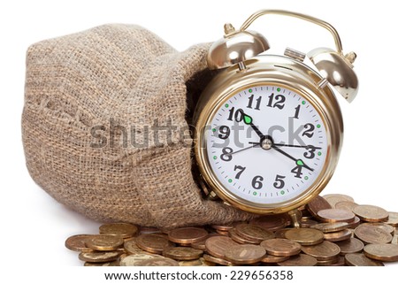 Great golden alarm clock faces on coins. Time is money