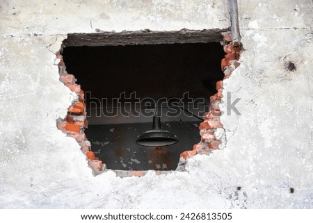 Image, Stock Photo Large holes in the plaster on a brick wall, from which a small green plant grows