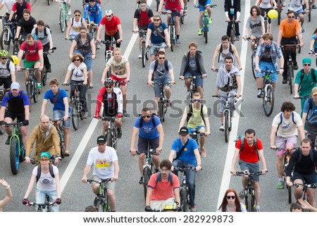 RUSSIA, MOSCOW - MAY 31, 2015 - Cyclists on the Moscow cycle parade. Cycle parade took place in support of development of bicycle infrastructure and for safety on roads.