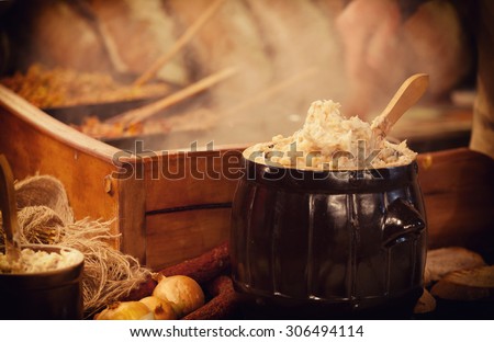 Traditional Polish food - Smalec (fat with onions) at Christmas fair in Krakow