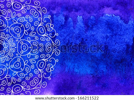 Ornamental lace on hand drawn bright watercolor background on paper