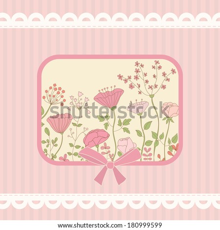 Cute card with pink flowers. Pink striped background and white lace frame. Ideal for scrapbooking, celebration card, invitation.