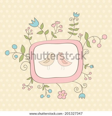 Cute floral composition with birds. Ideal for decoration of invitations, texts, cards, scrapbooking, etc.
