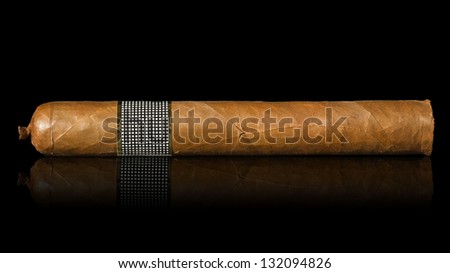 One big and exclusive Cuban Cigar on black background.