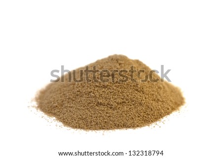 side view of protein powder on white background. This protein is chocolate flavour and is sweeted with stevia.