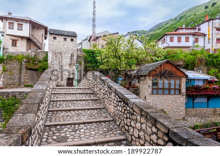 MOSTAR, BOSNIA AND HERZEGOVINA - APRIL 28: The historical part of the city of Mostar was built mainly in the sixteenth century and is now a tourist attraction. Mostar on April 28, 2014.