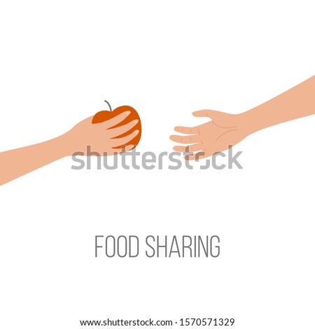 Food sharing donating hunger poverty concept. Hand giving an apple. Vector illustration in cartoon style