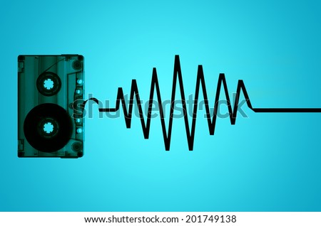 A cassette tape on a light blue back-lit background with tape coming out of the cassette to form a sound wave.