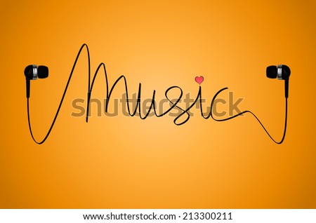 A pair of headphones on an orange back-lit background with the cable from the headphones spelling the word music, with a small pink heart over the letter \'i\'.