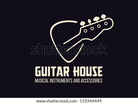 Guitar house outline logo with bass guitar head in a plectrum shape