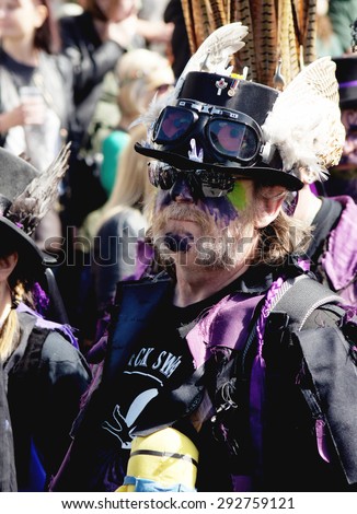 HASTINGS, UK - MAY 04, 2015: Man in costume during the parade of traditional Jack in the Green Festival in Hastings UK.
