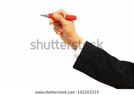 Man hand holding red magic pen on white background