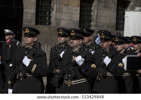 AMSTERDAM, NEDERLANDS - APRIL 30: Military honor guard on the Dam square during the inauguration of King Willem-Alexander, on April 30, 2013, Amsterdam, The Netherlands.