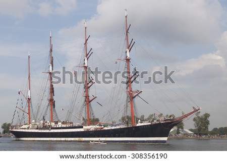 Port of Amsterdam, Noord-Holland,Netherlands - August 19-08-2015 : Tall ship the Sedov  is sailing from IJmuiden to Amsterdam during the big event SAIL on August 19, 2015 Amsterdam , Holland.