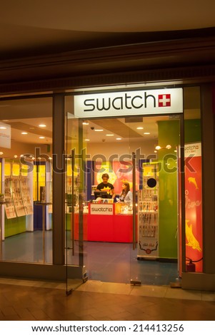 MOSCOW - AUGUST 11: Swatch store in Okhotnyy Ryad shopping center near Red Square, Moscow, Russia, 11 August, 2014. Swatch group is a profitable watch manufacturer.