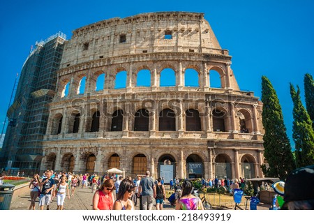 ROME - AUGUST 25: Colosseum (Coliseum) on August 25, 2014 in Rome, Italy. The Colosseum is an important monument of antiquity and is one of the main tourist attractions of Rome.
