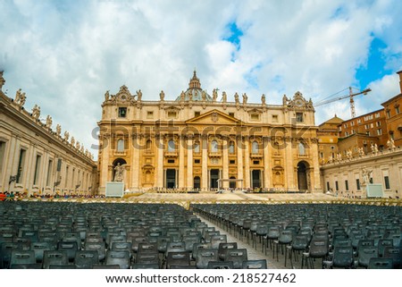 VATICAN CITY, VATICAN - AUGUST 26, 2014: Rows of seats on Saint Peter\'s Square in Vatican City, Vatican on August 26. The square is prepared for the annual speech of the Pope.
