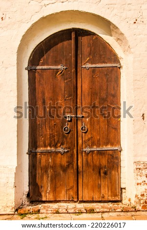 Old wooden door in ancient painted brick wall