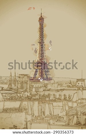 Travel background in vector format. Modern stylish painting with watercolor and pencil. Eiffel Tower in Paris.