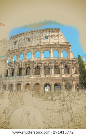 Colosseum (Coliseum) in Rome, Italy. Main tourist attraction of Rome. Travel background illustration. Painting with watercolor and pencil. Brushed artwork. Vector format.