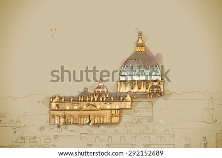 Night view at St. Peter\'s cathedral in Rome, Italy. Travel background illustration. Painting with watercolor and pencil. Brushed artwork.
