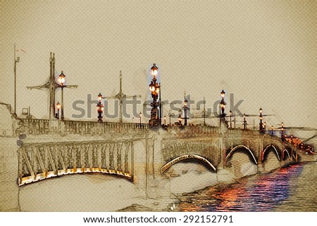 Trinity Bridge across the Neva in Saint Petersburg, Russia. Travel background illustration. Painting with watercolor and pencil. Brushed artwork.