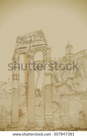 Ruins of the Roman Forum in Rome, Italy. Rome is the 3rd most visited city in the European Union. Painting of landmark, graphic background.