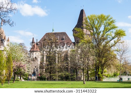 Vajdahunyad Castle in Budapest in beautiful park. Picture of serene beauty of historical place in the Hungarian capital.